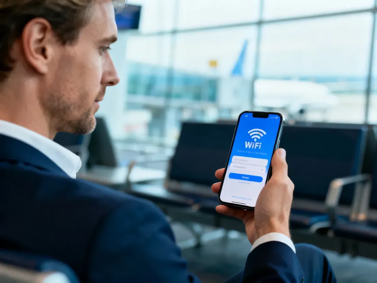 Mężczyzna w nowoczesnej poczekalni lotniskowej korzystający ze smartfona, aby zalogować się do publicznej sieci Wi-Fi.