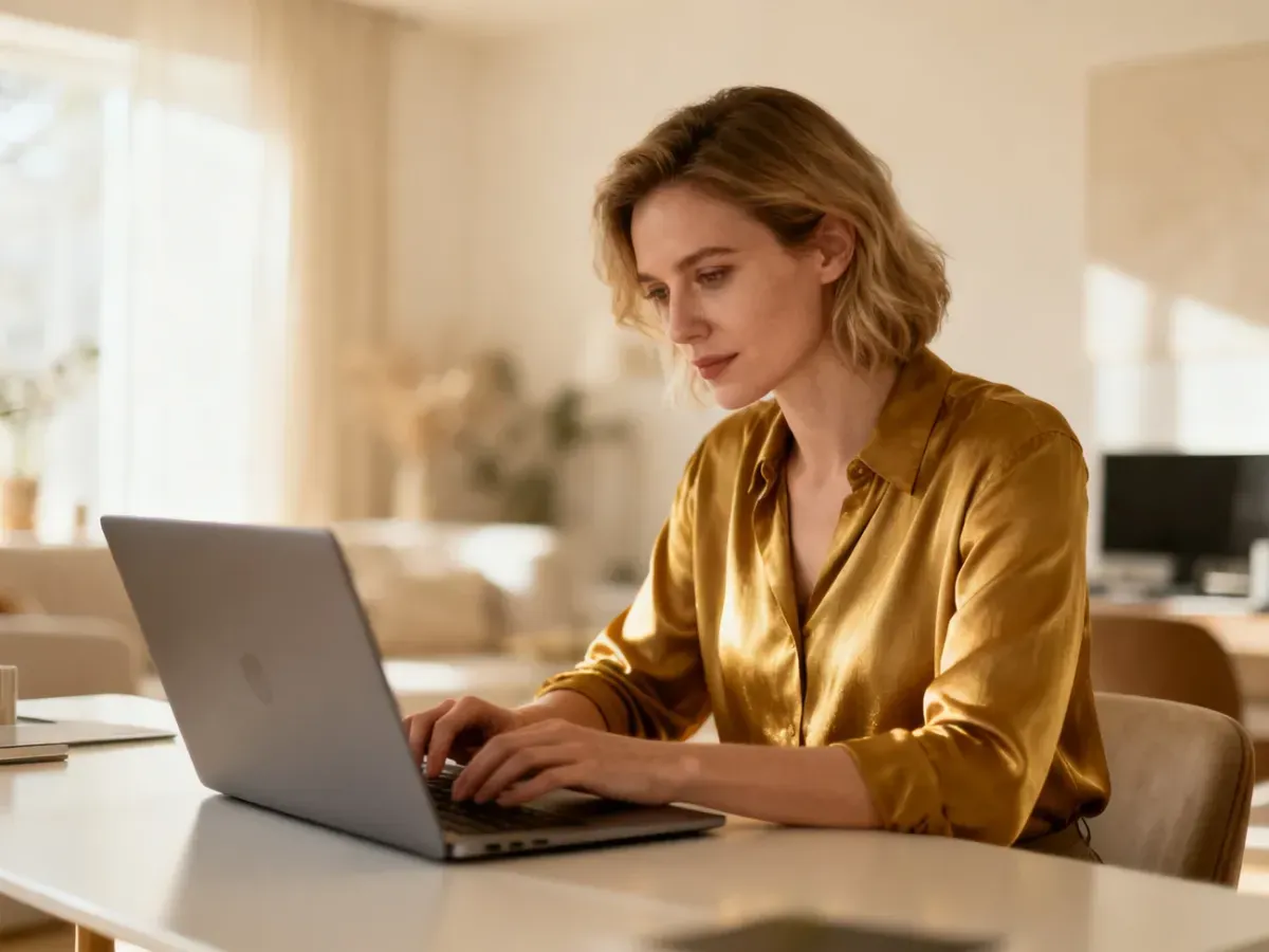 Konsultantka Avon pracująca przy laptopie w nowoczesnym, jasnym biurze domowym.