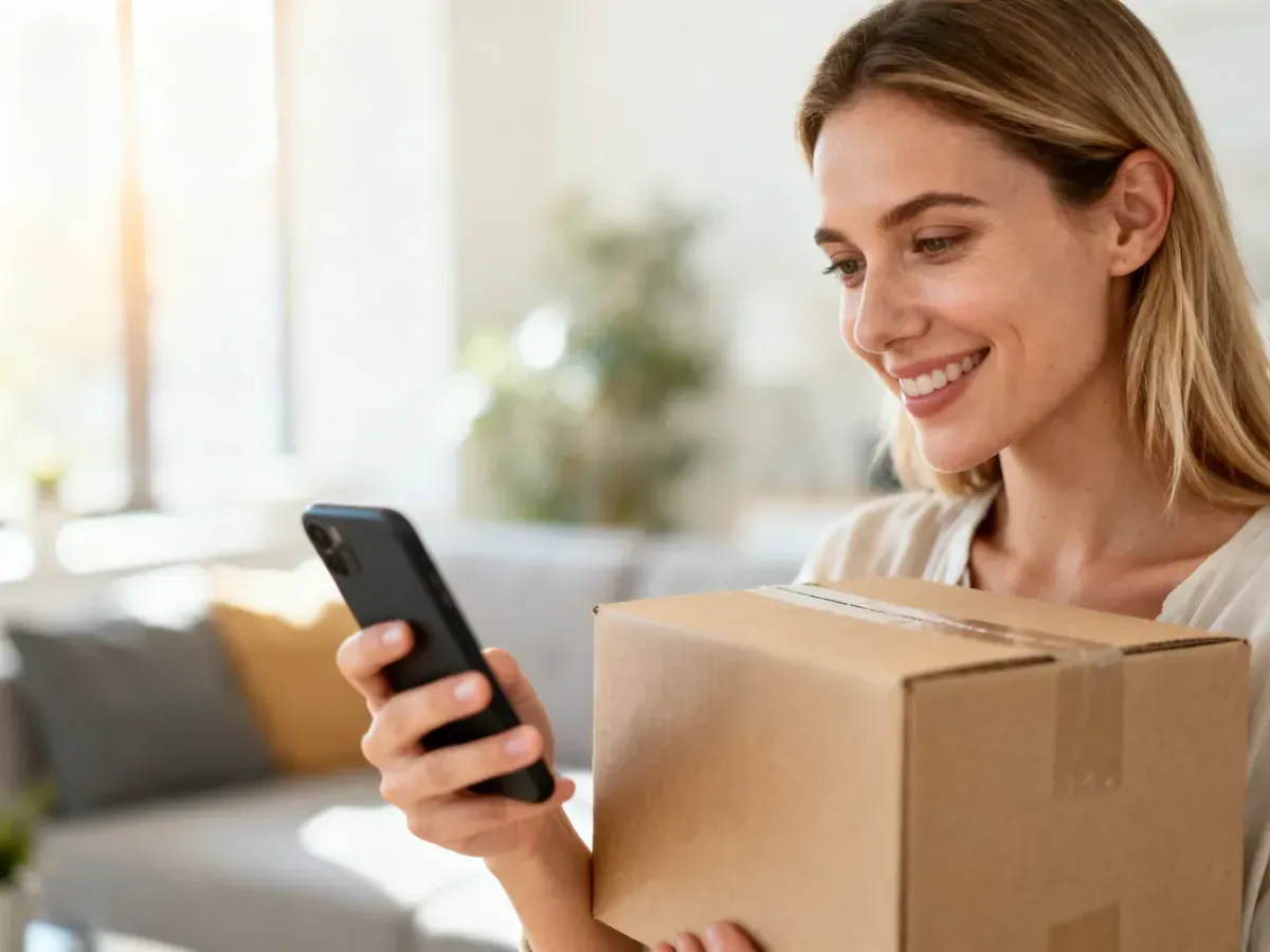 Zadowolona klientka trzymająca smartfon oraz paczkę z dostawą w jasnym, nowoczesnym salonie.