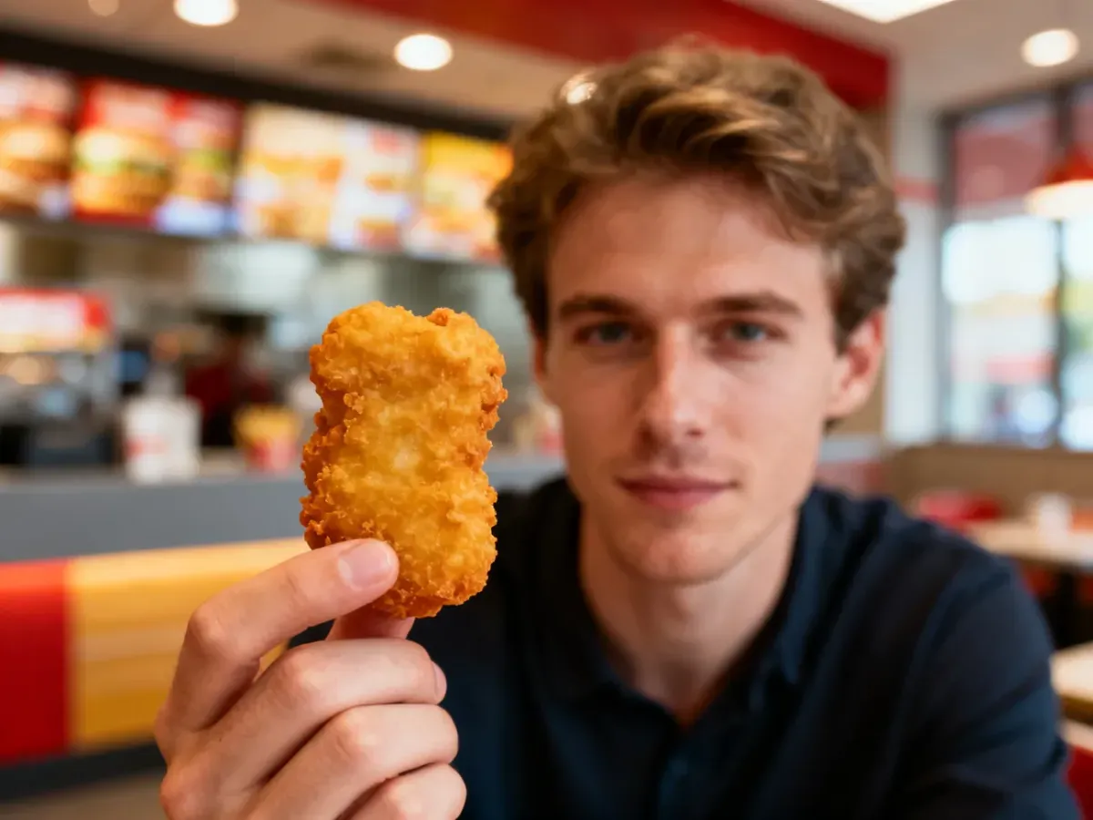 Złocisty, chrupiący nugget z kurczaka trzymany w dłoni na tle rozmytego wnętrza restauracji McDonald’s.