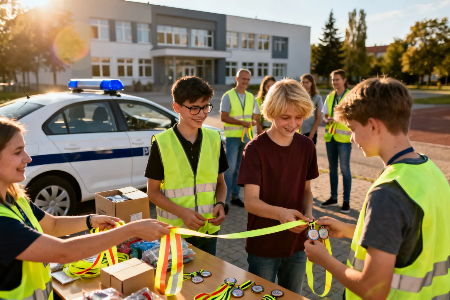 Odblaski rozdawane przed II LO w Bełchatowie podczas akcji edukacyjnej