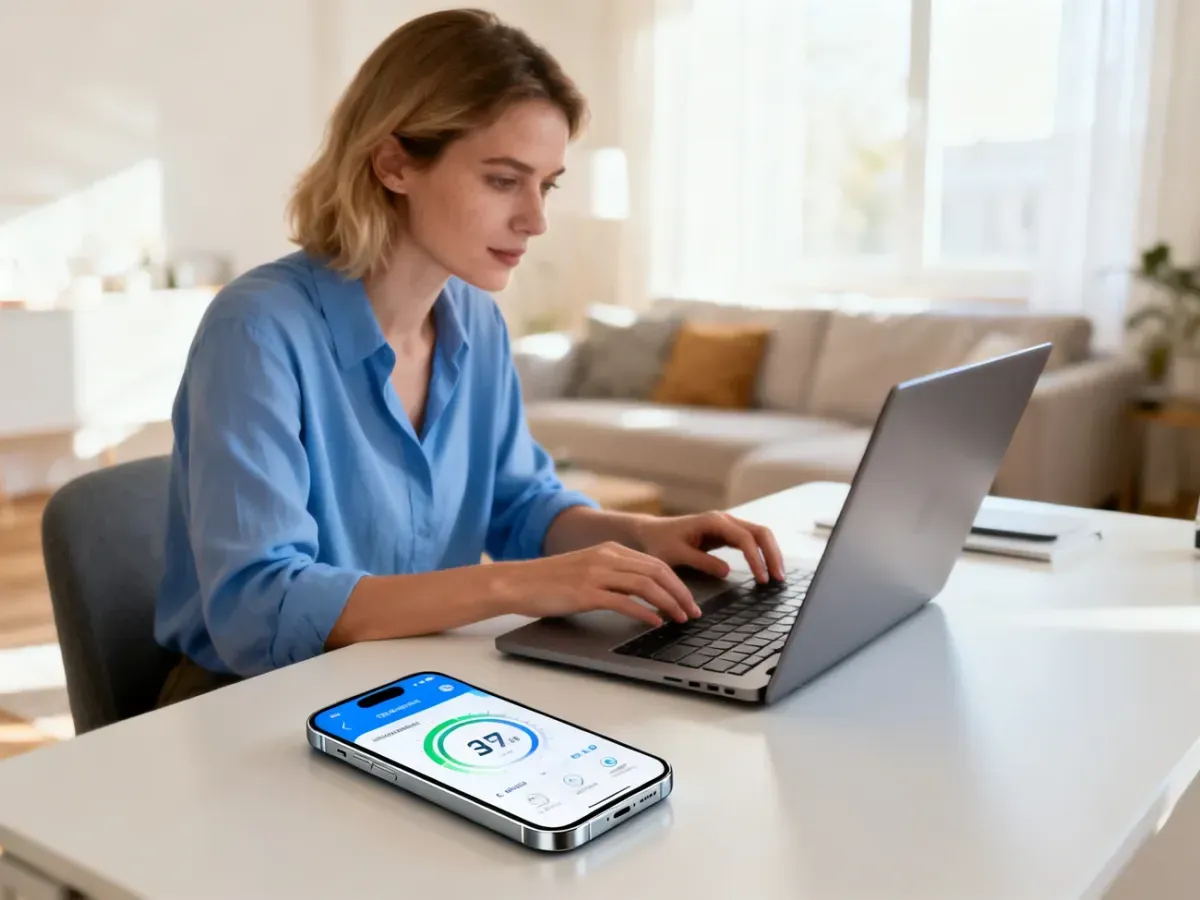 Kobieta korzystająca z laptopa i smartfona z aplikacją do zarządzania energią w przytulnym domowym biurze.